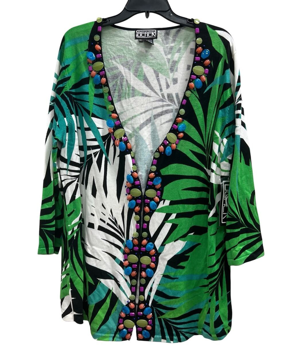 Berek cardigan Hawaiian tropical leaf print beaded embellishments NWT Plus sz 1X